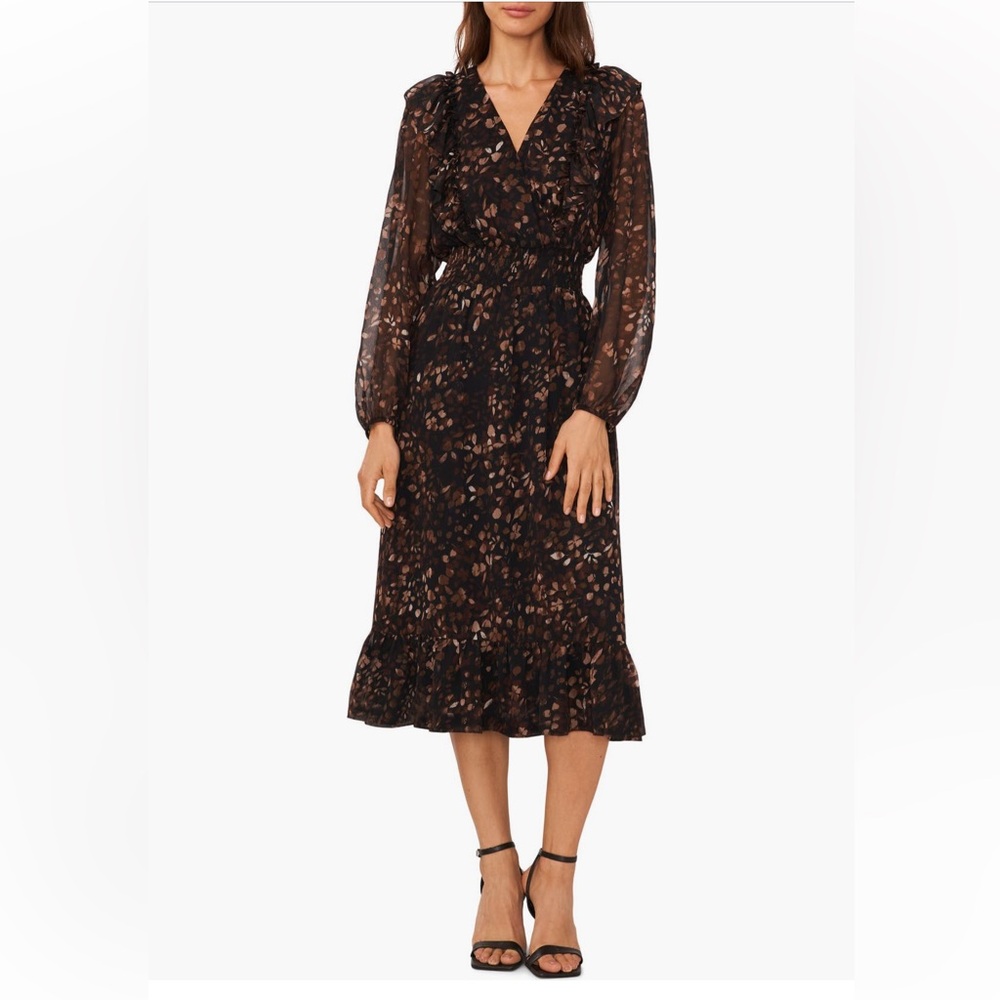 Halogen Black and Brown Floral Smocked Waist Midi Dress